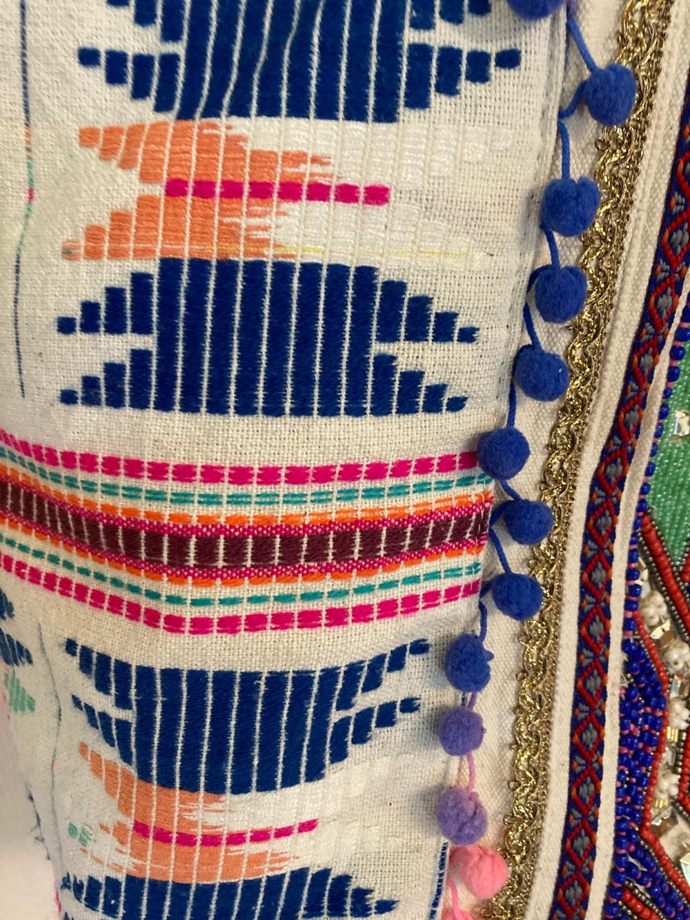 America & Beyond Boho Embroidered & Beaded  Tote Bag with Pom Pom Tassels - Picture 6 of 17
